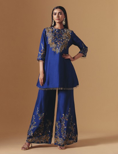 Royal blue silk floral palazzo suit with elegant yoke style for women