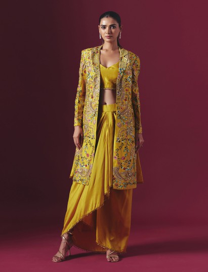 Mustard yellow floral jacket style festive indowestern suit