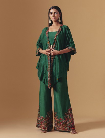 Green silk embellished floral palazzo suit for festive occasions