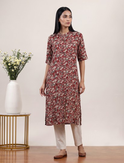 Maroon cotton silk floral printed casual stand collar elbow sleeve kurti