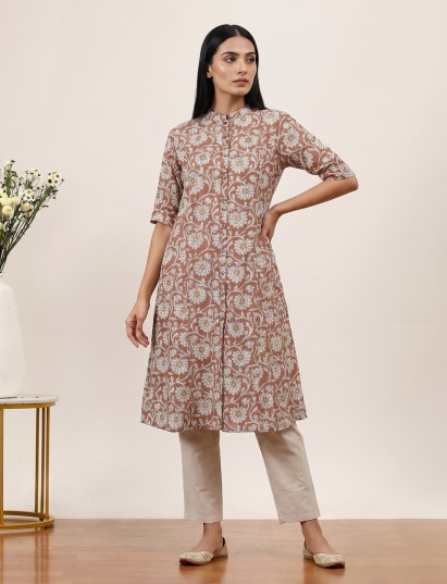 Brown cotton silk floral printed casual stand collar elbow sleeve kurti