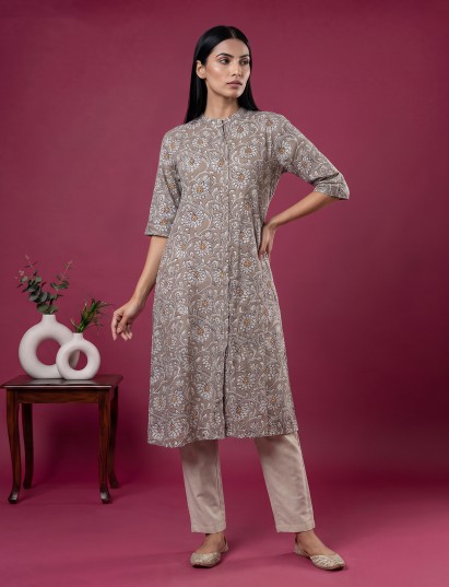 Grey cotton silk floral printed casual stand collar elbow sleeve kurti