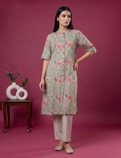 Pista green cotton floral printed casual stand collar elbow sleeve kurti