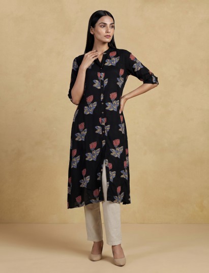 Black cotton silk floral printed classic stand collar casual kurti