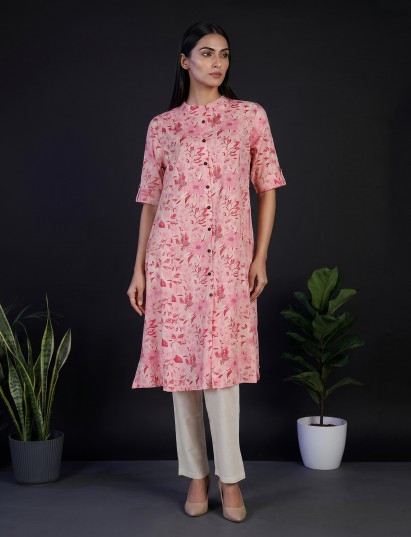 Pink cotton floral printed casual stand collar elbow sleeve kurti