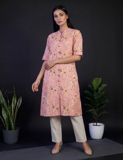 Peach cotton floral printed casual stand collar elbow sleeve kurti