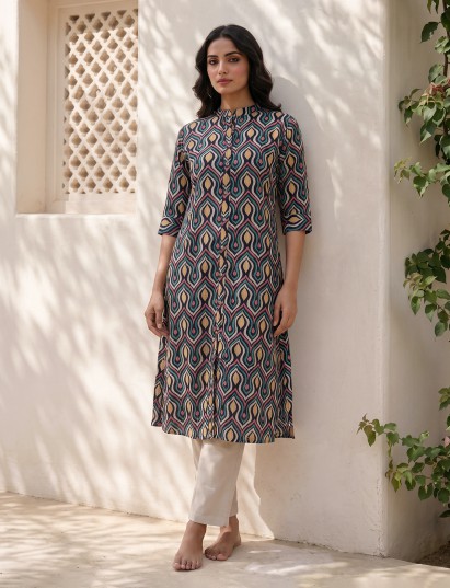 Black cotton silk texture printed casual stand collar elbow sleeve kurti