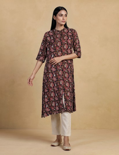Black cotton silk floral printed elegant stand collar casual kurti