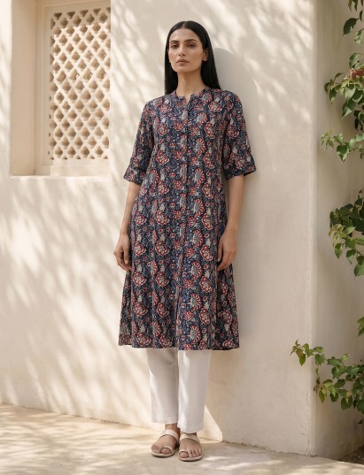 Navy cotton silk floral printed casual stand collar elbow sleeve kurti