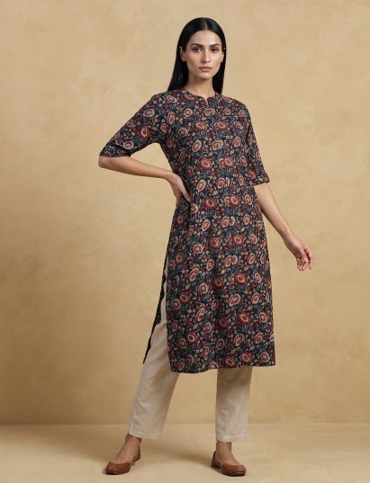 Black cotton silk floral printed casual stand collar elbow sleeve kurti for women