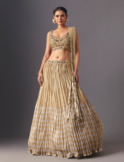 Pastel beige silk embroidered designer lehenga choli with festive dupatta