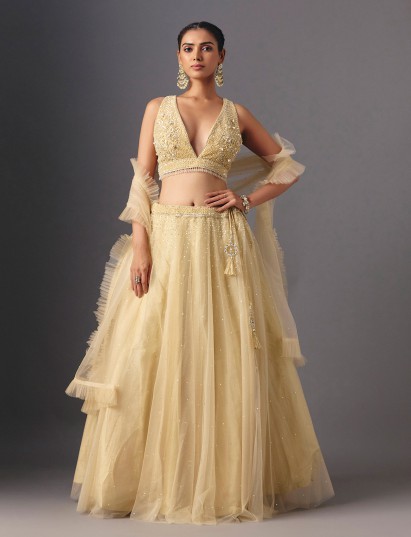 Yellow net designer lehenga choli for wedding and party celebrations