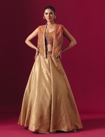 Orange and gold tissue silk jacket style festive lehenga choli
