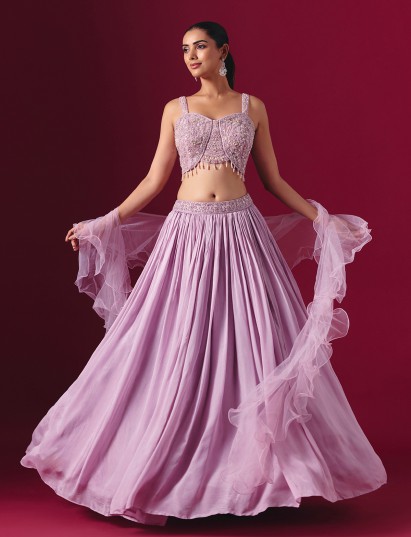 Lilac purple chiffon designer lehenga choli with elegant ruffle dupatta