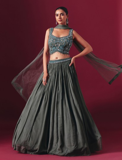 Charcoal grey chiffon georgette designer lehenga choli for elegant occasions