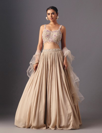 Beige chiffon georgette designer lehenga choli with stylish ruffle dupatta