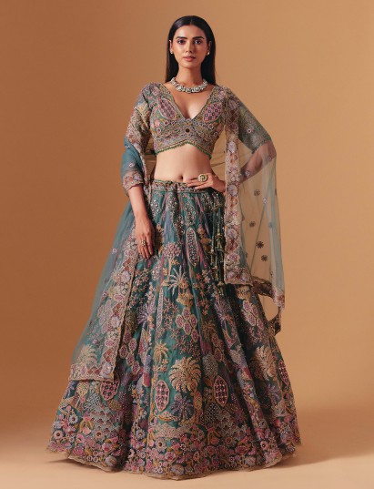 Teal green net embroidered designer lehenga choli for wedding glamour