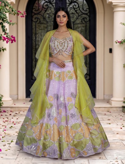 Purple contemporary cape embellished silk lehenga attire