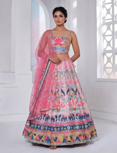 Pink raw silk elephant motif designer lehenga choli