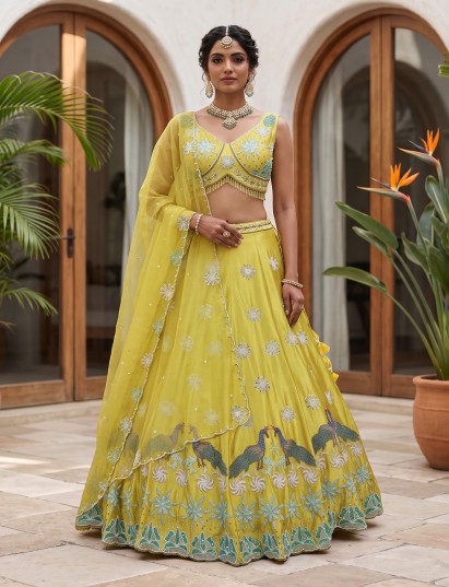 Yellow raw silk festive swan embroidered lehenga attire