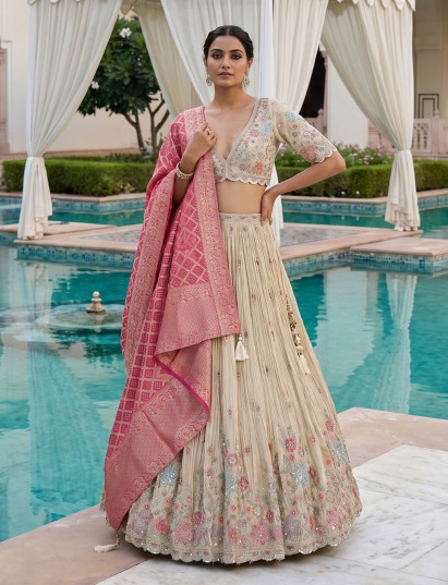 Golden crepe silk embroidered festive lehenga creation