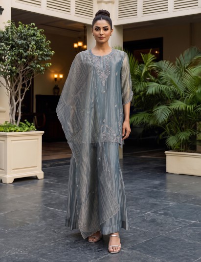 Stone grey tissue silk palazzo set with festive handcrafted detailing