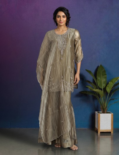 Beige tissue silk festive palazzo set with intricate embellishments