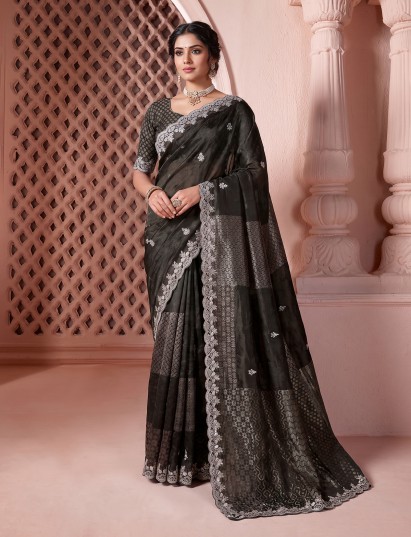 Grey designer dola silk saree with embroidered lace border