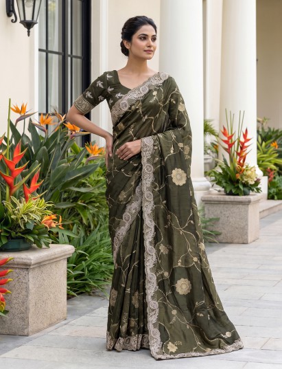 Green floral dola silk occasion wear saree