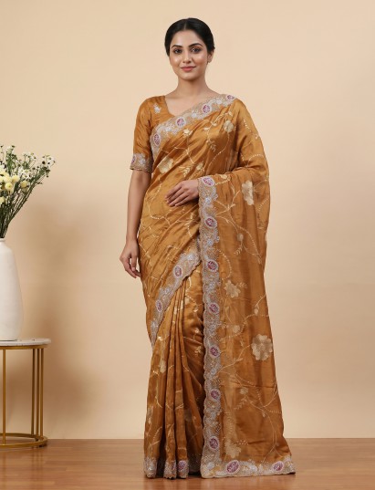 Mustard yellow floral dola silk festive saree