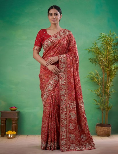 Red heritage bandhani georgette wedding saree