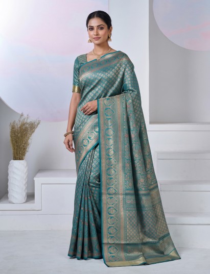 Rama blue art tissue kanjivaram festive saree