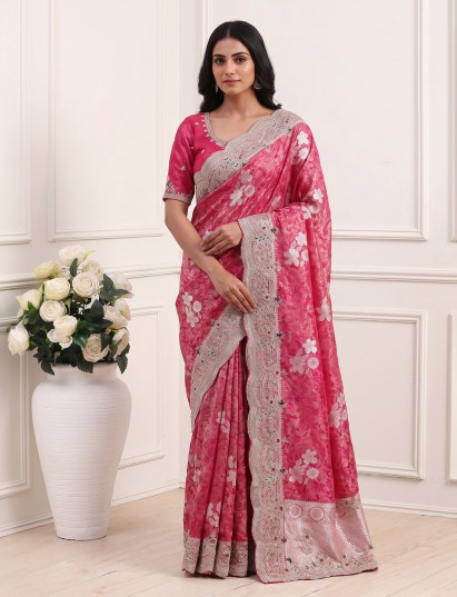 Rani pink tissue silk peacock border saree