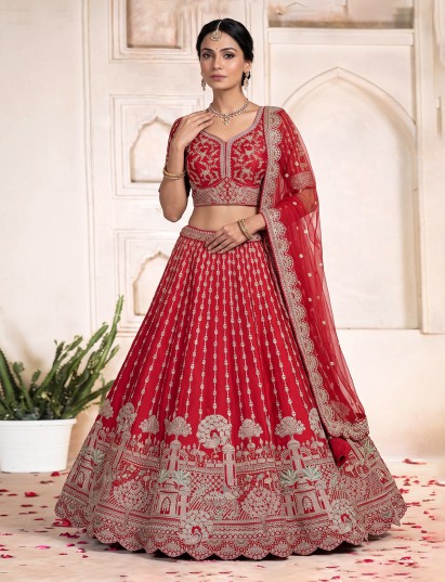 Red raw silk bridal unstitched lehenga choli with zardosi embellishments