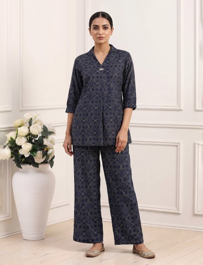 Blue silk Bandhej printed palazzo co ord set with V-neckline