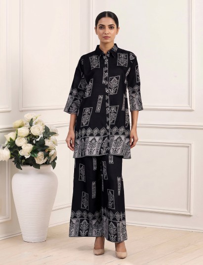 Black silk printed palazzo co ord set with elegant beadwork
