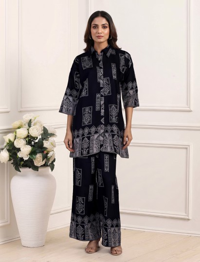 Navy silk printed palazzo co ord set with delicate beadwork