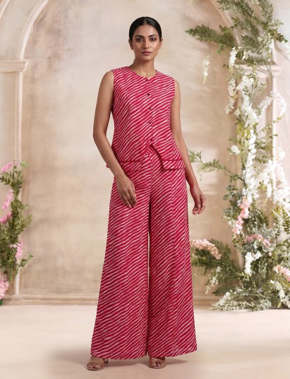 Rani pink crepe silk printed sleeveless palazzo co ord set