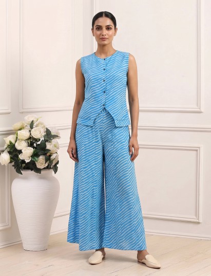 Sky blue crepe silk printed sleeveless palazzo co ord set