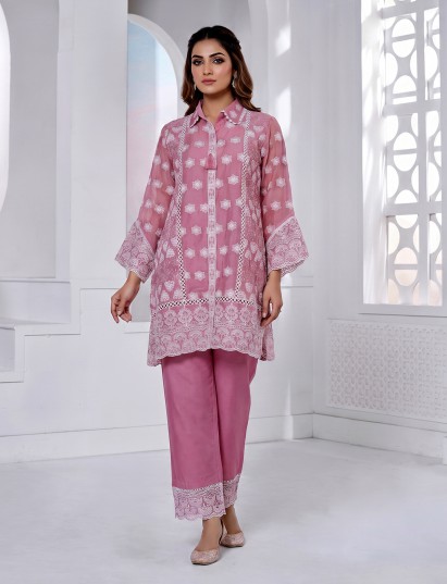 Pink tissue co ord set with delicate Lucknowi work detailing