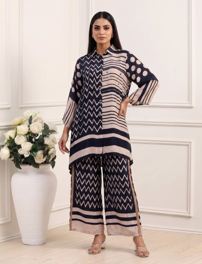 Black crepe silk printed palazzo co-ord ensemble with threadwork