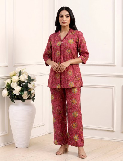 Wine cotton printed palazzo co ord set with coin bead detailing