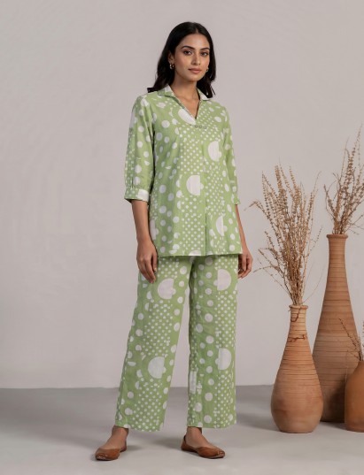 Pista green cotton printed palazzo co ord set with beadwork