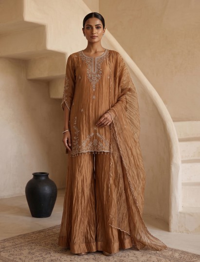 Pastel peach tissue silk palazzo set with delicate embellishment