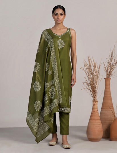 Mehendi green cotton silk kurti set with printed dupatta