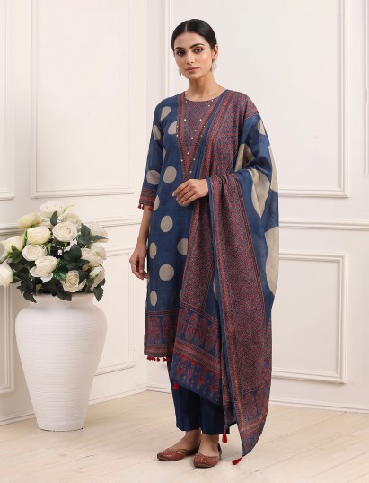 Blue silk festive kurti set with embellished printed dupatta