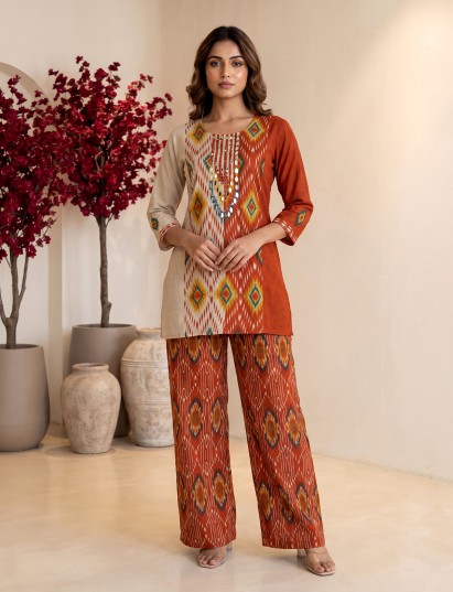 Rust orange silk printed palazzo set with pearl and aabla detailing