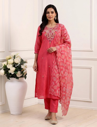Pink linen silk sequined dupatta kurti set