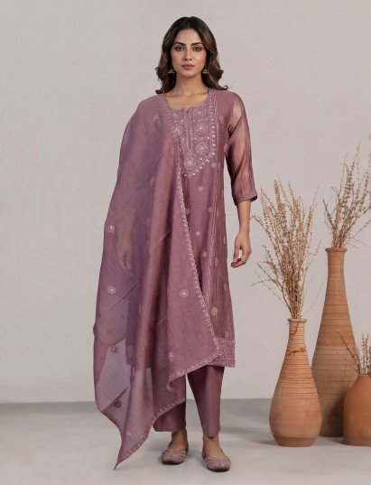 Onion pink tissue embellished pants kurti set