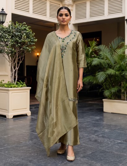 Pista green silk embellished palazzo set with zari dupatta